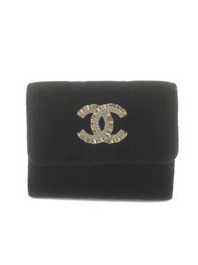 Chanel Quilted Coco Mark Velvet Coin Case Bifold Wallet Black KU OH